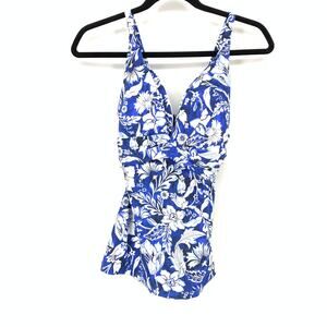 Seafolly Wrap Front Tankini Top Swimsuit Blue White Floral Print Womens US 12DD